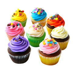 Assortment of delicious colorful cupcakes with various frosting flavors on black background
