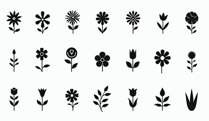 A Set of Black and White Simple Flower and Leaf Icons in Rows