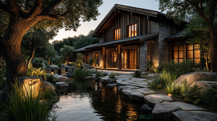 Obraz premium Tranquil Luxury: A captivating architectural masterpiece blends seamlessly with nature, featuring a serene waterside setting and inviting warm lighting.