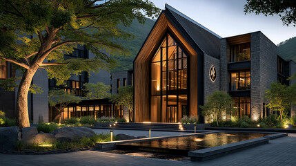 Luxury Mountain Resort at Night: A stunning architectural marvel nestled in a mountain setting. The resort's exterior glows with warm lighting against the dark mountain backdrop.