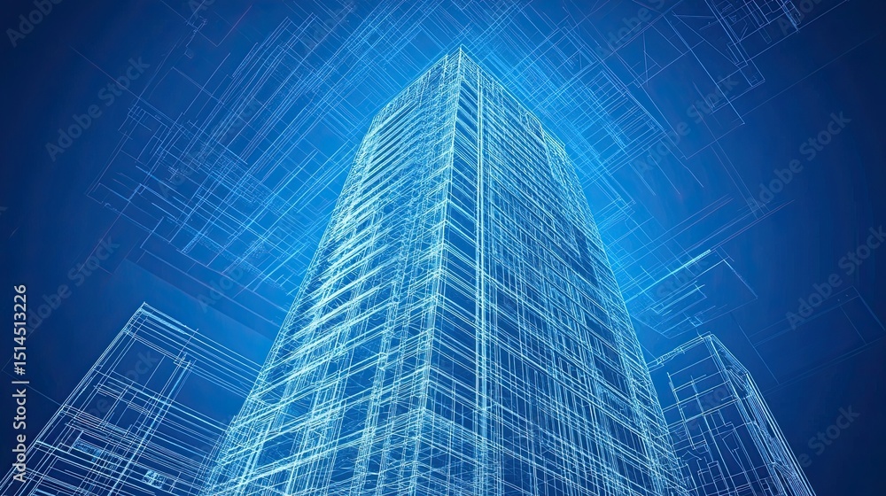 Poster low angle shot of a tall building wireframe design against a blue gradient background render concept