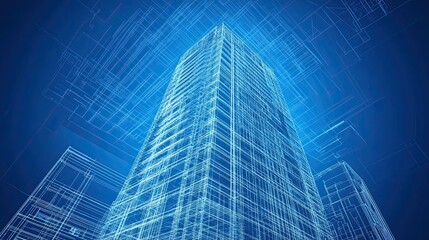 Low angle shot of a tall building wireframe design against a blue gradient background render concept