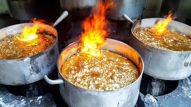 Molten Gold in Pots with Fire, Industrial Gold Refining Process