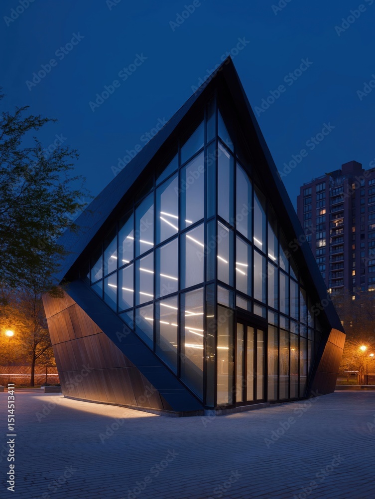 Poster modern building with a triangular shape. the building is made of glass and wood, and it is lit up at