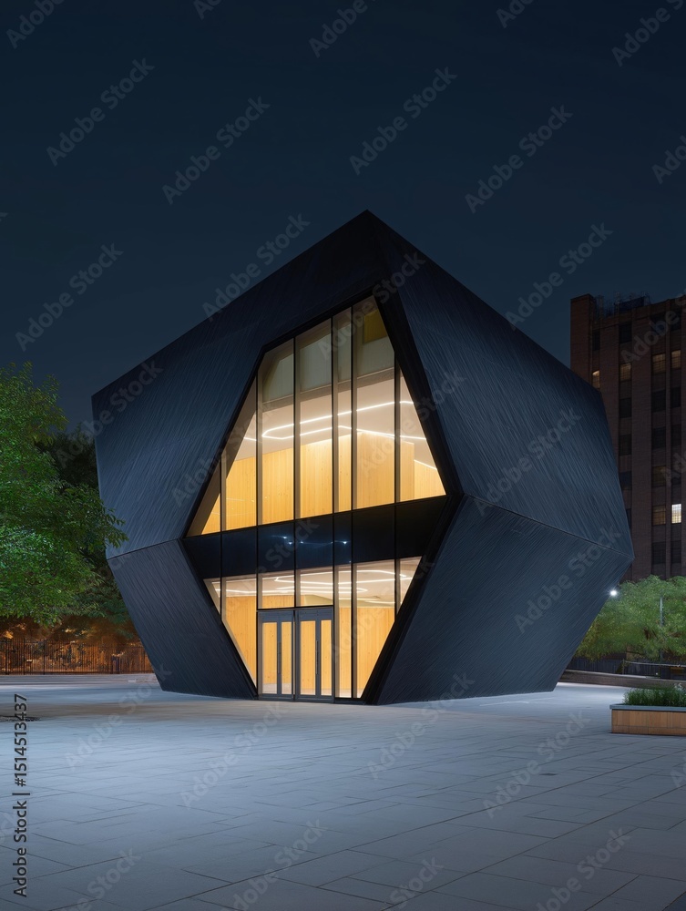 Poster photograph of a modern building at night. the building is a triangular structure with a black exteri