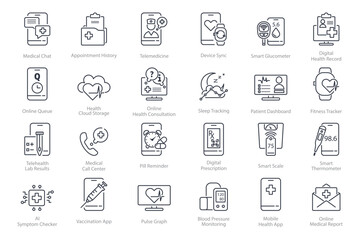 Digital medical services icon pack. Patient monitoring, doctor consultations, telemedicine tools, and health app symbols. Set of line style elements for care system interface. Vector illustration.