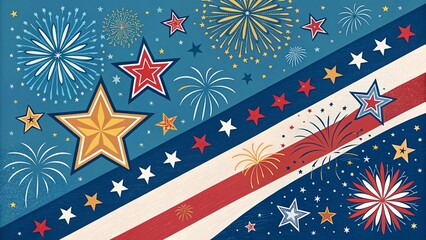 Fourth of July Fireworks and Stars Pattern with Red White Blue Stripes for Independence Day Celebration and Patriotic Designs