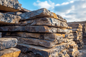 Stacked wooden planks outdoors under a blue sky