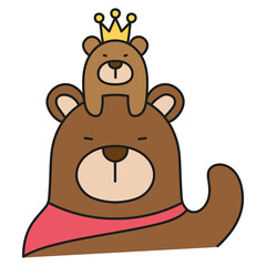 Fathers Day Bear concept. Cute bears with a crown and cape, one atop the other. in color line style