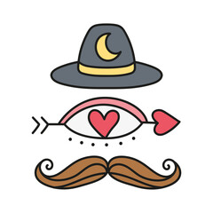 Fathers Day Bear concept. Playful illustration featuring a hat, eye, heart, and mustache. in color line style