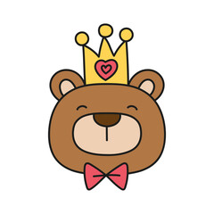 Fathers Day Bear concept. Cute bear illustration with a crown and bow tie. in color line style
