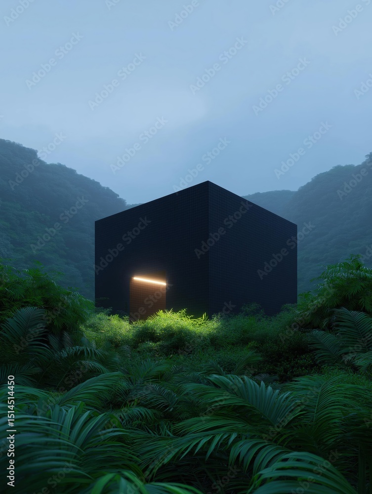 Poster modern black building in the middle of a lush green forest. the building appears to be a cube-shaped