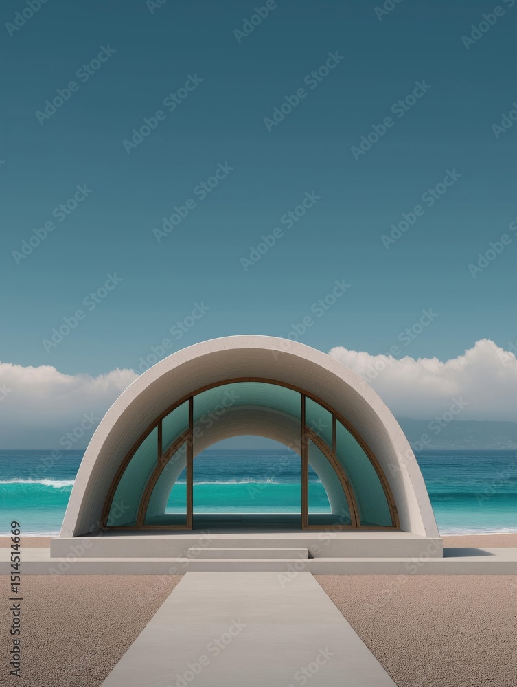 Poster modern architectural structure with a curved roof and large windows. the structure is located on a s