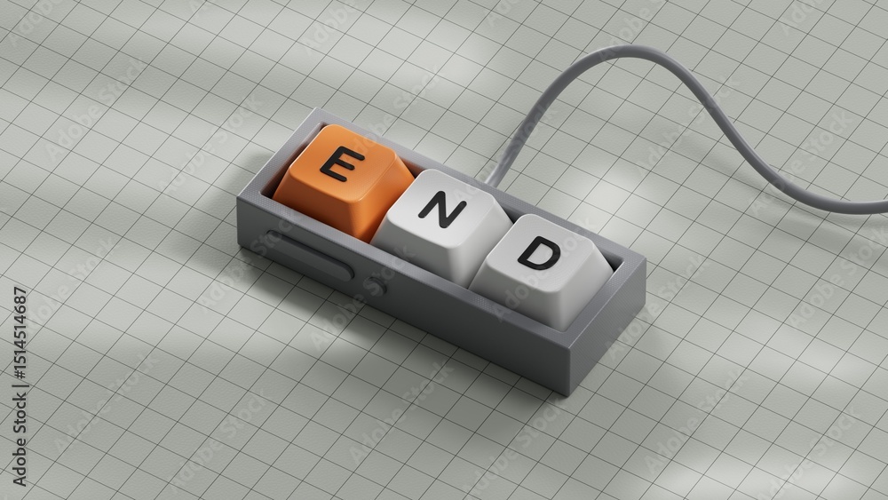 Aufkleber end.Computer keyboard keys spelling.Flat lay view from above on computer keyboard keys buttons.IT technology concept.3D rendering on white background.