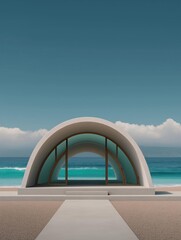 Fototapeta premium Modern architectural structure with a curved roof and large windows. the structure is located on a sandy beach with the ocean in the background. the sky is blue with white clouds scattered across it.