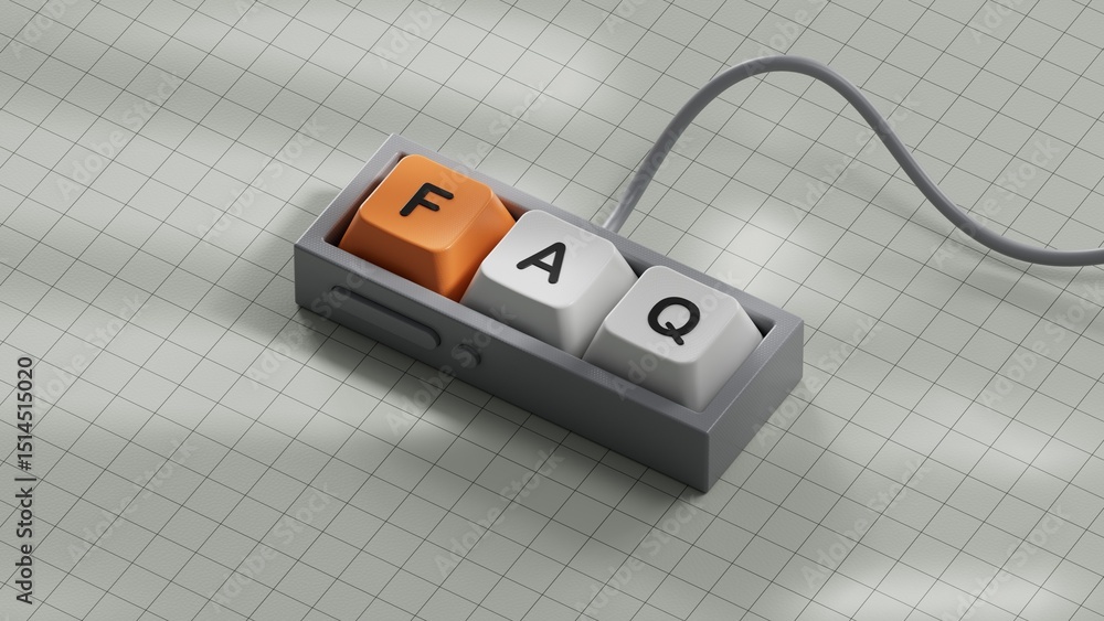 Poster faq word written on Computer keyboard keys with copy space.close up of Computer keyboard keys,Business Concept.3D rendering on white background.