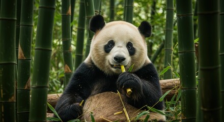 Fototapeta premium Giant Panda Enjoying a Bamboo Lunch in Lush Forest