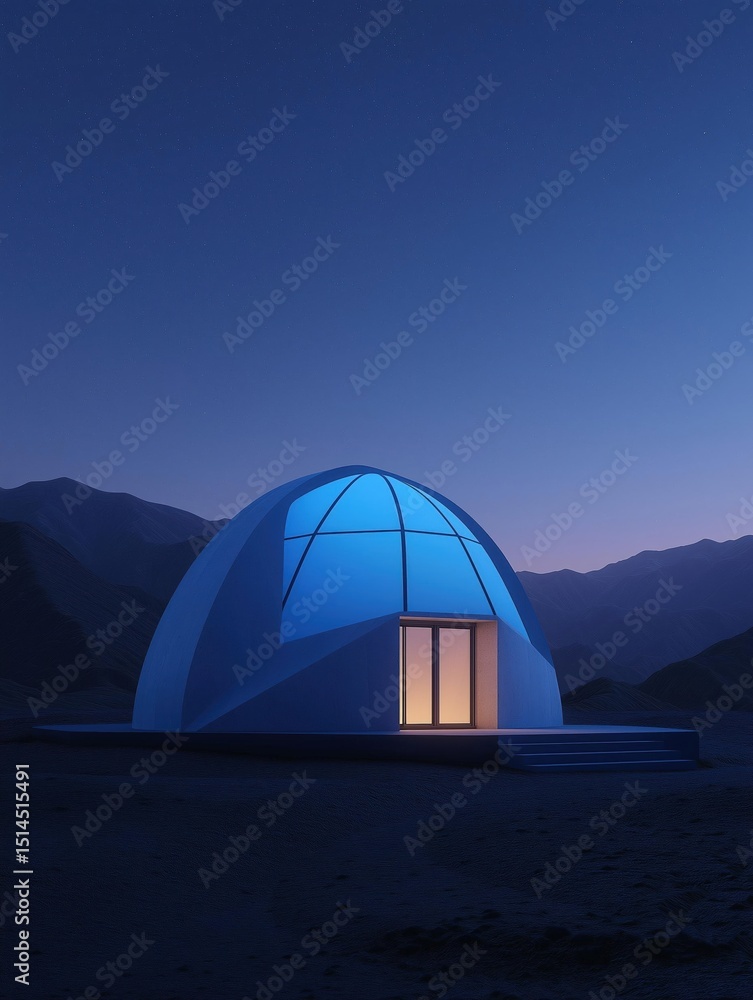 Poster large dome-shaped building with a glass window on the right side. the building is located in a deser