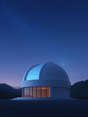 Obraz premium Digital illustration of a large white dome-shaped building with a glass dome on top. the building is located on a flat surface with mountains in the background.