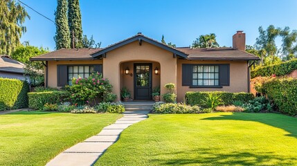 A single story house with a well manicured lawn and a stone walkway leading to the front door area