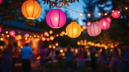 Brightly colored lanterns hang above a lively backyard gathering as guests enjoy food and drinks in a festive atmosphere during an evening party