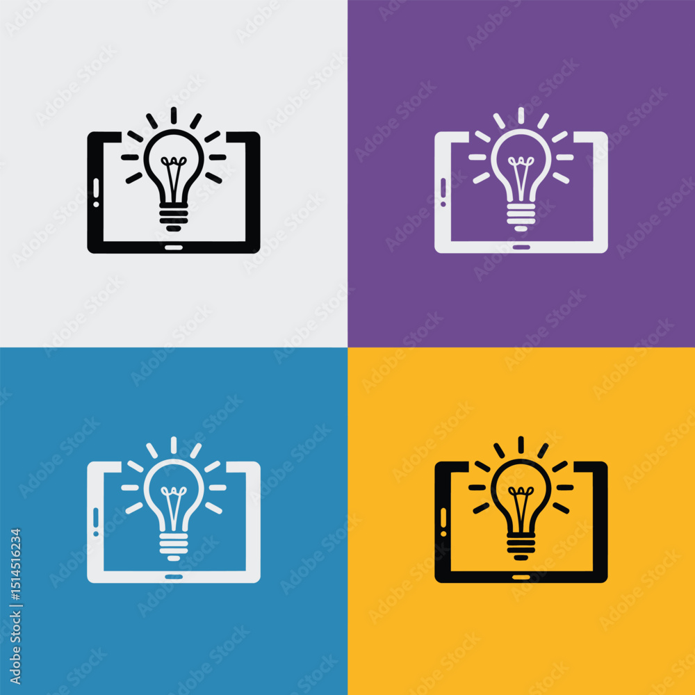 Poster lightbulb on tablet screen representing ideas and innovation on varied background colors