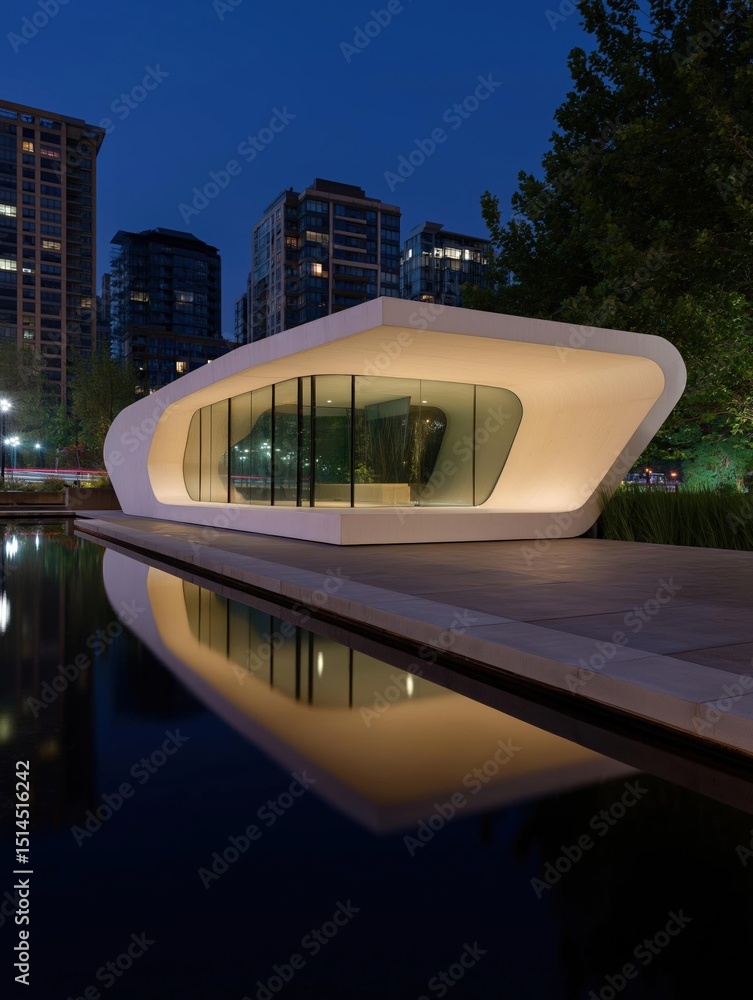 Poster modern architectural structure with a curved roof and large windows. the structure is located next t