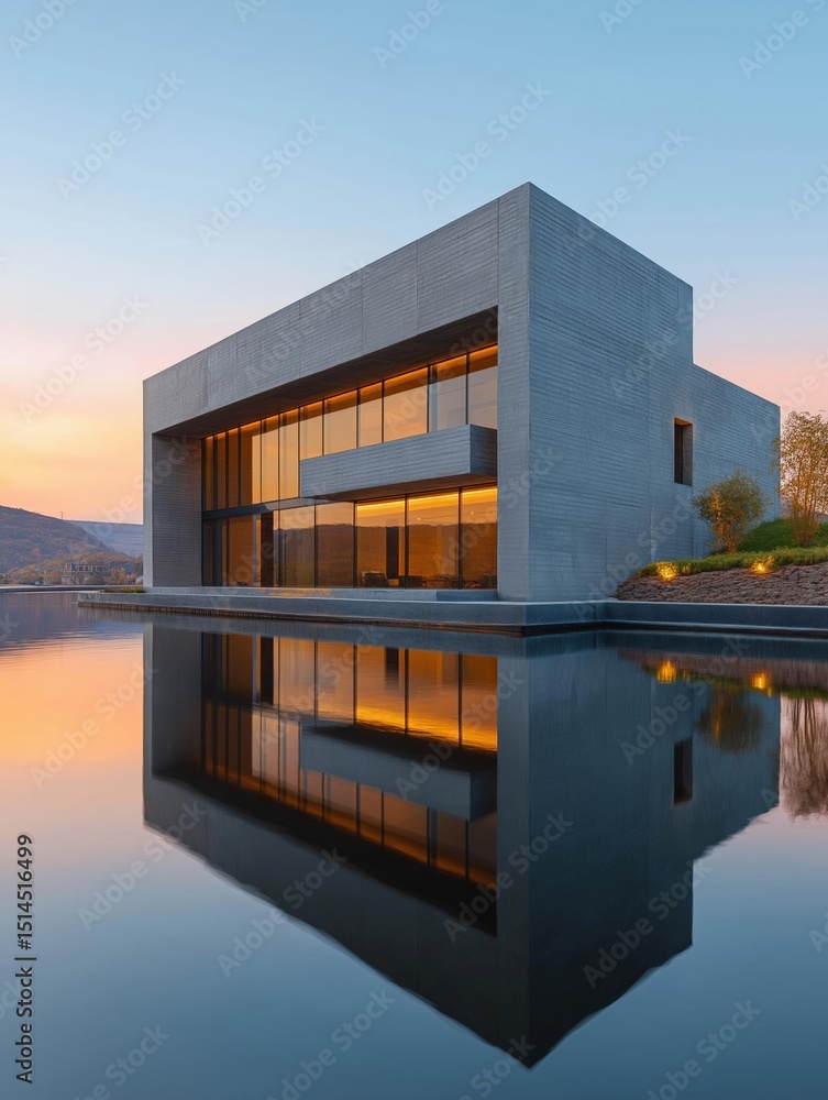 Poster photograph of a modern building with a unique architectural design. the building is a two-story stru