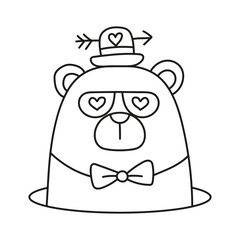 Fathers Day Bear concept. Cute cartoon bear wearing a hat and heart-shaped glasses. in thin line style