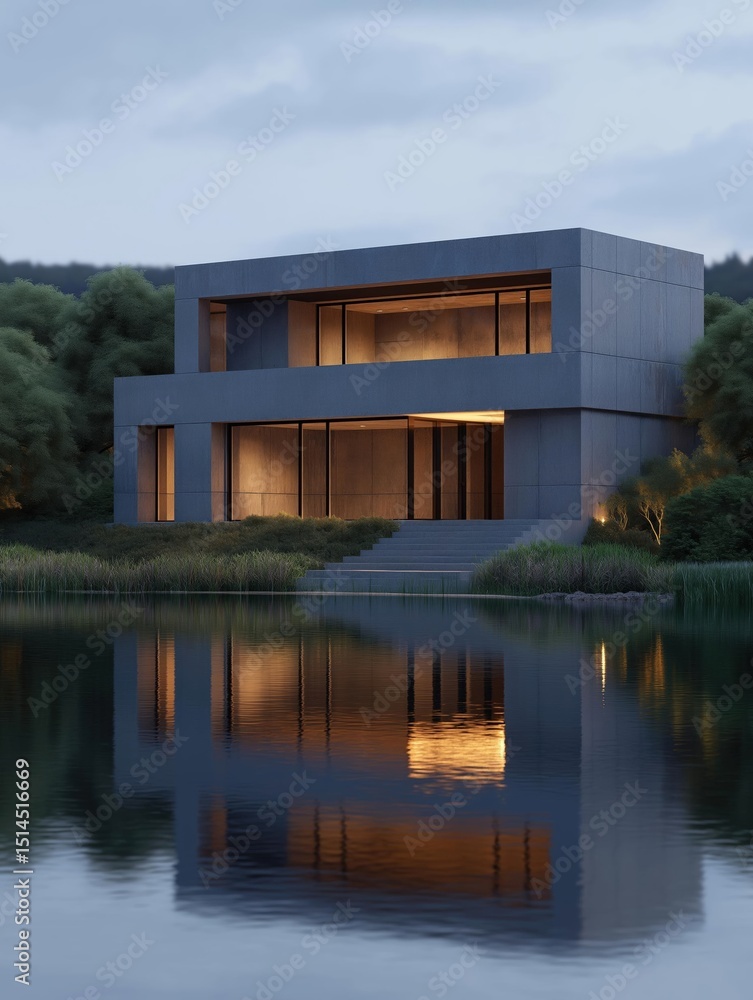 Aufkleber photograph of a modern, minimalist building on the shore of a lake. the building is made of concrete