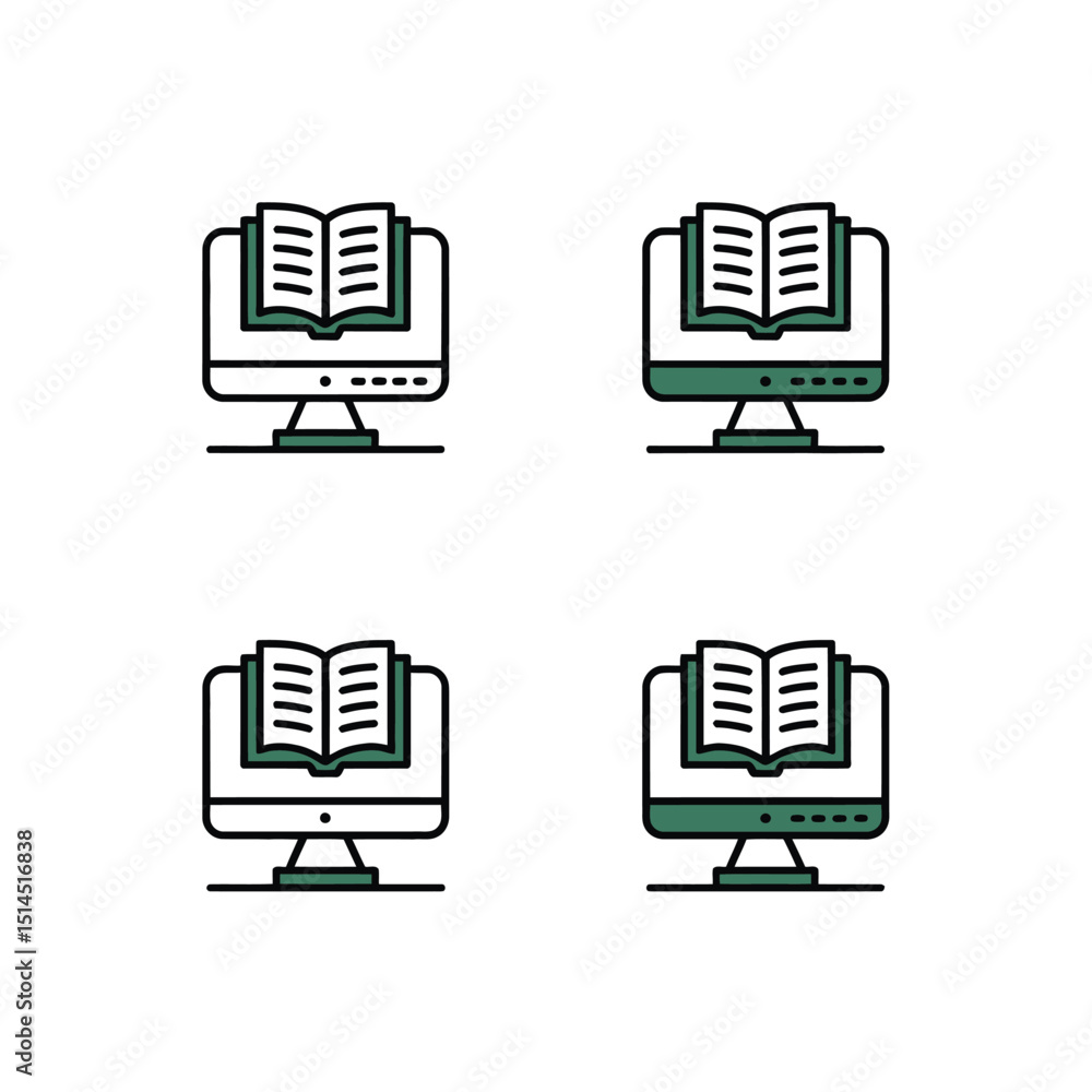 Poster computer screen displaying an open book icon isolated on white background, representing online educa