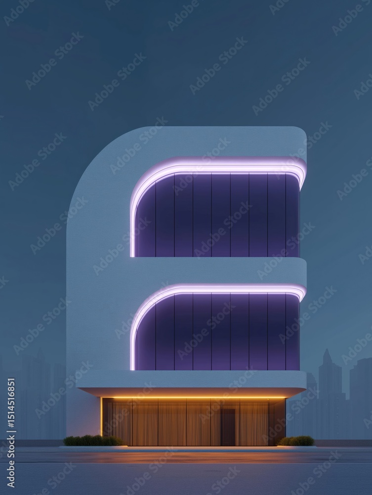 Poster digital illustration of a modern building with a unique architectural design. the building is a two-