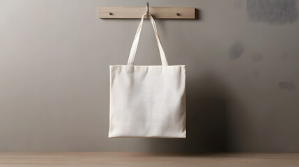 Blank White Cotton Tote Bag Hanging on Wooden Hook Mockup Perfect for Branding and Design