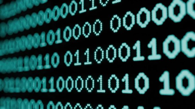 Glow blue light binary digital code number 0, 1 data counting technology math close up display screen software matrix cyberspace system blue shot.