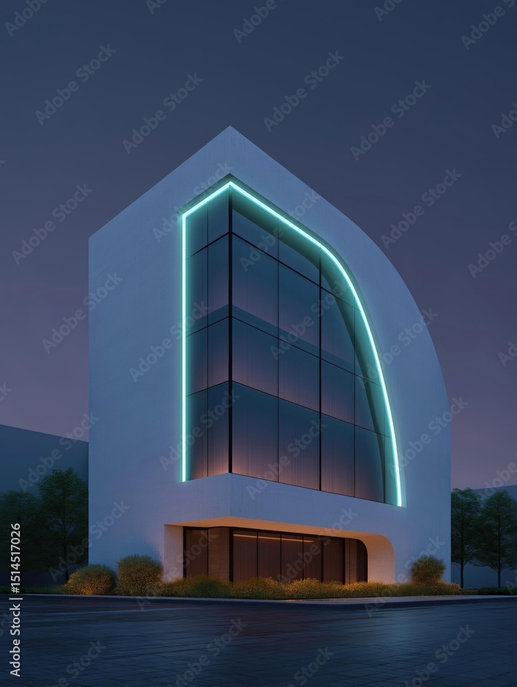 Poster 3d rendering of a modern building at night. the building is a two-story structure with a white exter