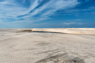 Dunes and lagoons of lagoa bonita, Lencois Maranhenses, Barreirinhas, Brazil. White sand dunes with pools of fresh water
