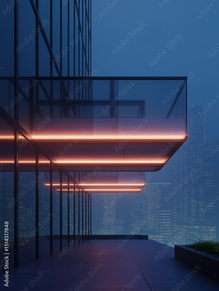 Poster modern building with a glass facade and a balcony overlooking a city skyline at night. the building 