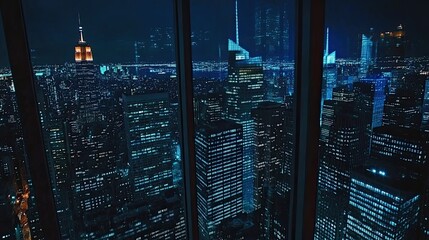 Night cityscape view from a high rise building with illuminated skyscrapers and bright city lights