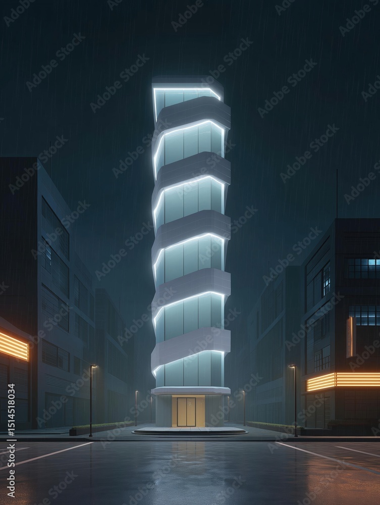 Poster tall, modern building in the middle of a city at night. the building appears to be a tall tower with