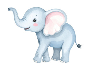 Obraz premium Cute cartoon watercolor elephant illustration. Cartoon animal clipart illustration.