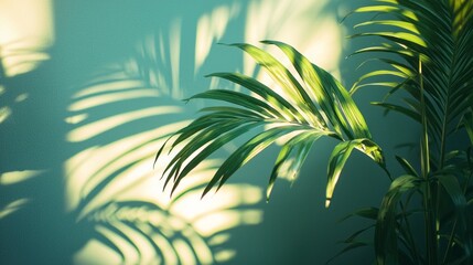 Soft shadows cast by palm leaves create a stunning interplay of light and darkness on a turquoise wall. The scene evokes a sense of tranquility and connection to nature