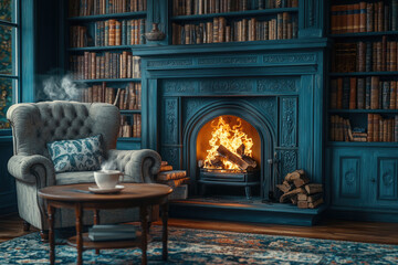 Vintage Charm in a Study with Leather-Bound Books and Tea