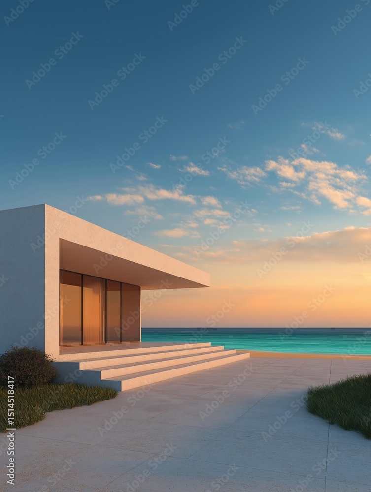 Poster modern, minimalist house with a unique architectural design. the house is made of white concrete and