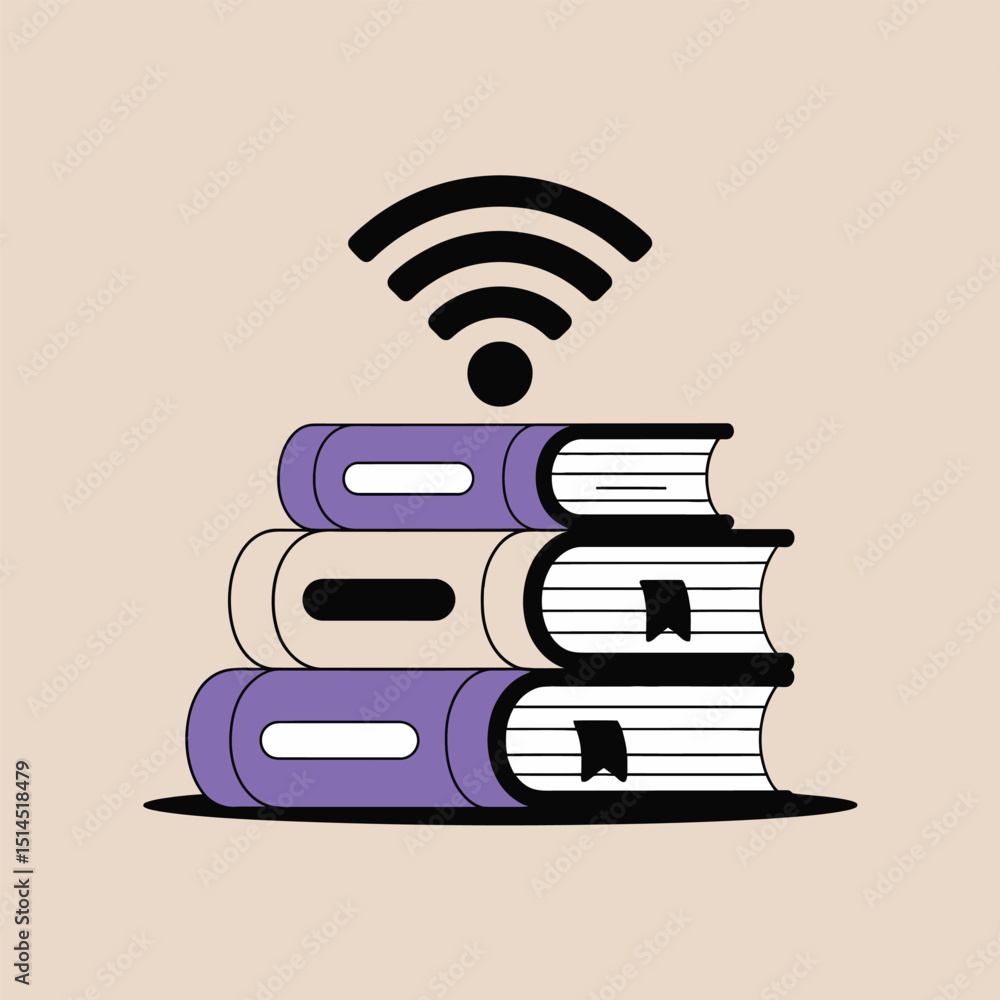 Poster stack of colorful books with wifi symbol on top, representing online education and digital learning 