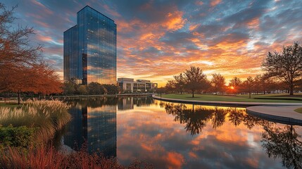 Reflective lake at sunset with a modern building and colorful sky in the background landscape view