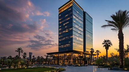 Modern building with glass facade at sunset with palm trees and colorful sky in the background view