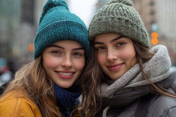 Girls posing with smile in the city. Street photo of amazing ladies enjoying weekend.