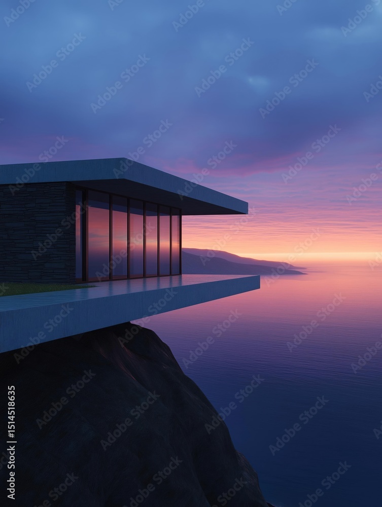 Aufkleber modern building on a cliff overlooking the ocean at sunset. the building is a two-story structure wi