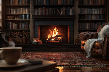 A Warm, Inviting Study with Realistic Flames and Old Books