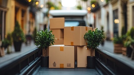 A truck bed filled with cardboard boxes and potted plants on a city street during the daytime